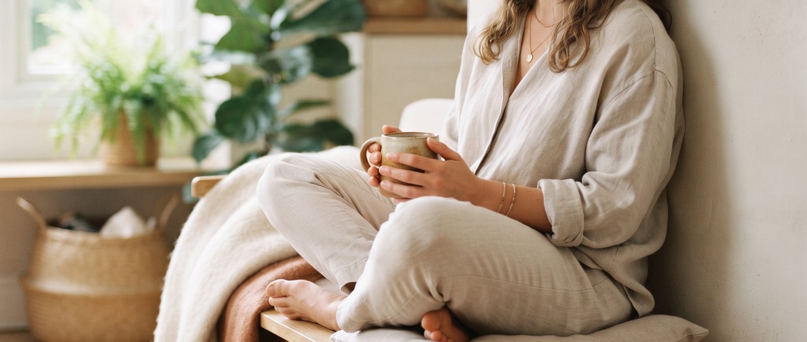 A gentle calming indoor lifestyle photograph of a person in comfortable linen clothing sitting peacefully on a light wooden bench with eyes closed holding a warm drink expressing digestive comfort and wellbeing, photorealistic, no text no labels