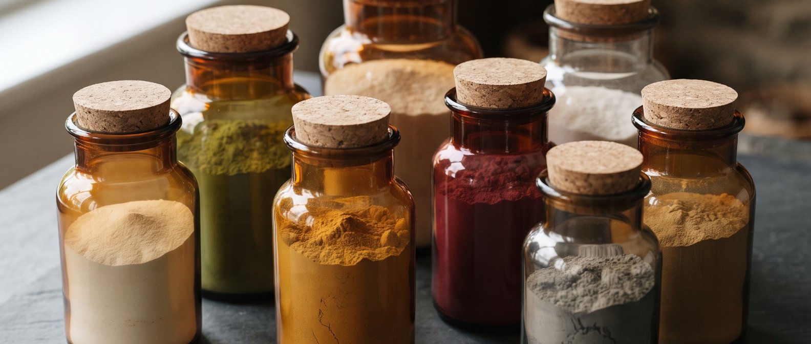 A display of several clean amber glass laboratory jars on a smooth slate background with soft natural light highlighting pure high-quality dietary supplement ingredients, photorealistic, no text no labels