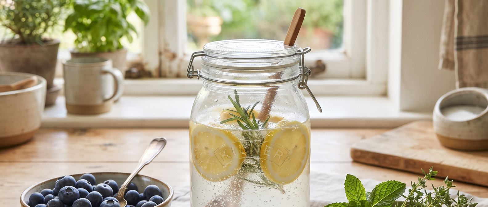 A bright and airy kitchen counter with a rustic touch displaying a glass jar of fresh sparkling kefir with sliced lemons surrounded by bowls of fresh blueberries and green herbs soft natural light streaming in, photorealistic, no text no labels