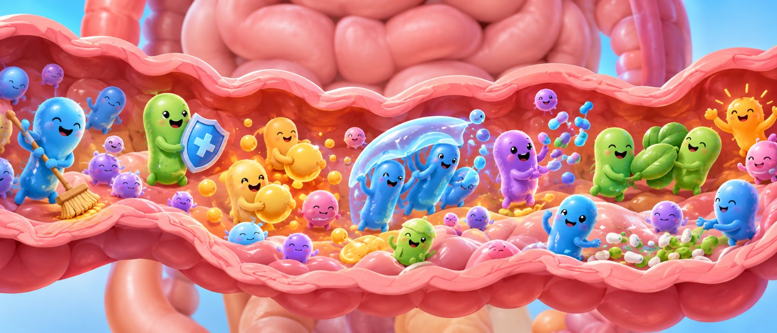Infographie ludique du microbiote intestinal avec des bactéries mascottes