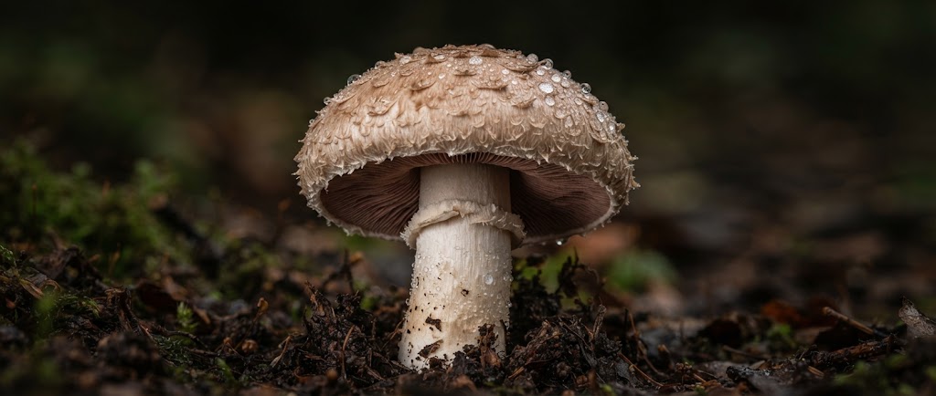 Gros plan macro sur le chapeau brun ecailleux d'un Agaricus blazei