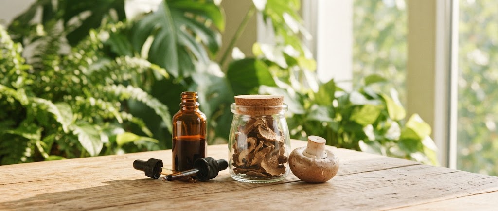 Extrait liquide d'Agaricus blazei Mycolife, un bocal de champignons seches et un champignon frais