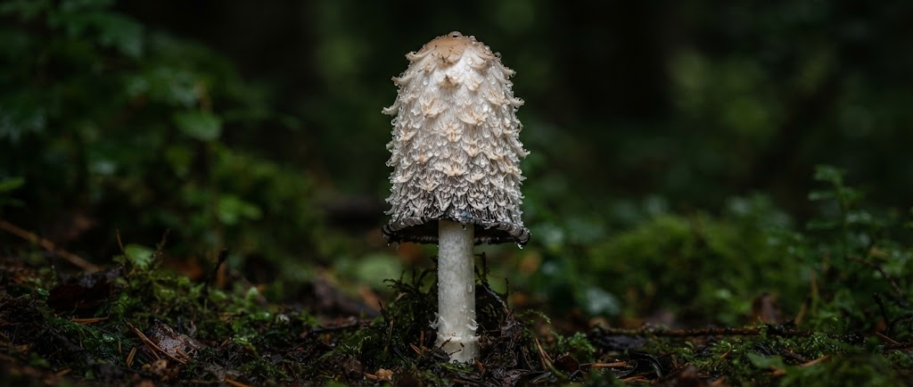 Gros plan macro sur les ecailles retroussees d'un coprin chevelu (Coprinus comatus)