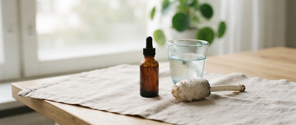 Extrait liquide de coprin chevelu Mycolife, un verre d'eau et un coprin chevelu frais sur une table