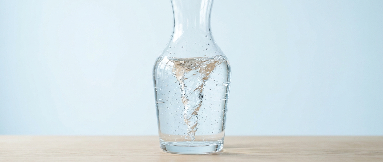 Vortex d'eau tourbillonnant dans une carafe en verre transparent