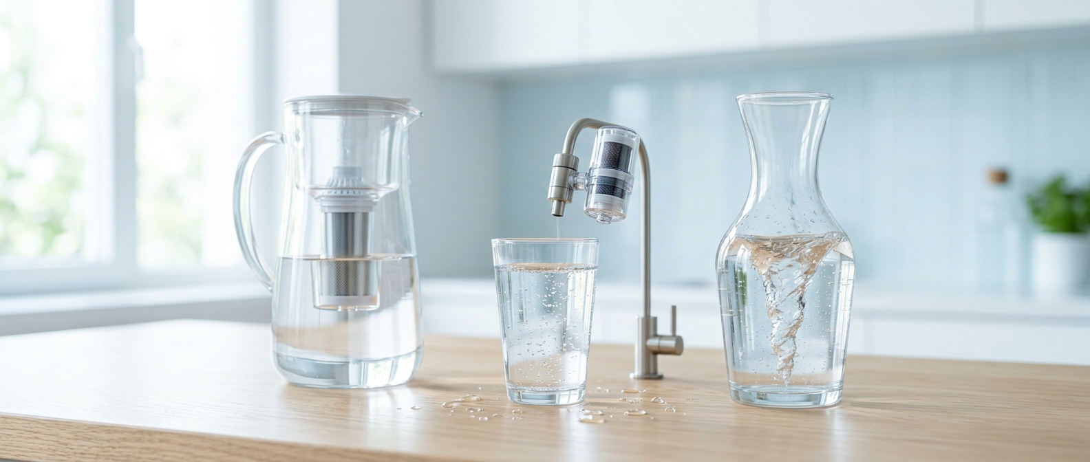 Carafe filtrante, purificateur sur robinet et carafe d'eau pure sur un plan de travail de cuisine