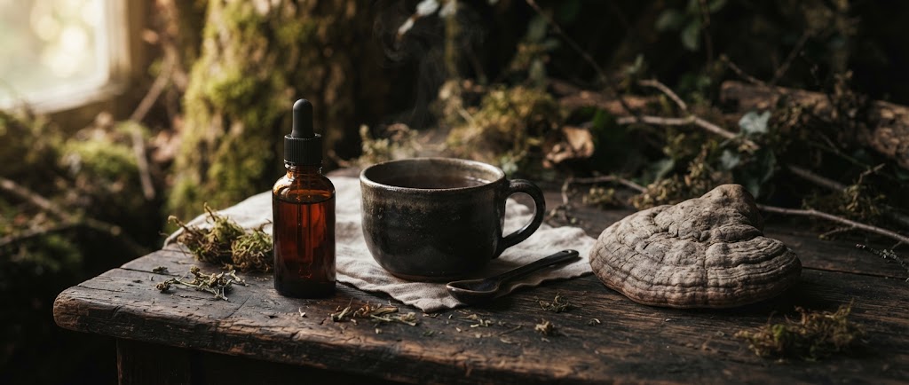 Extrait liquide d'amadouvier Mycolife, une tasse de tisane et une console de Fomes fomentarius sur une table en bois