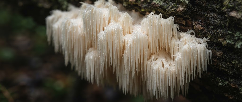 Gros plan sur les epines blanches de l'Hericium erinaceus, la criniere de lion