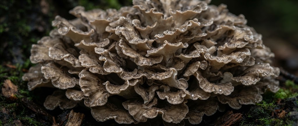 Gros plan macro sur les frondes ondulees gris-brun du maitake (poule des bois)