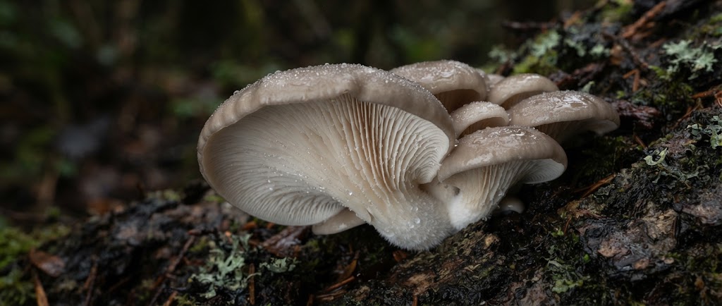 Gros plan macro sur les lames blanches decurrentes d'un pleurote en huitre (Pleurotus ostreatus)