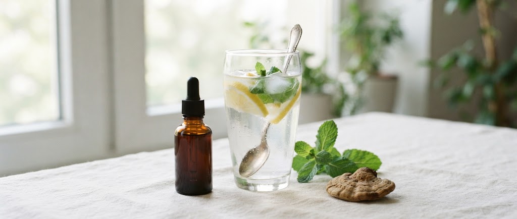 Extrait liquide de Polyporus umbellatus Mycolife et un grand verre d'eau citronnee a la menthe
