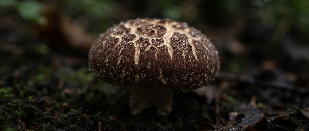 Gros plan macro sur le chapeau brun craquele d'un shiitake