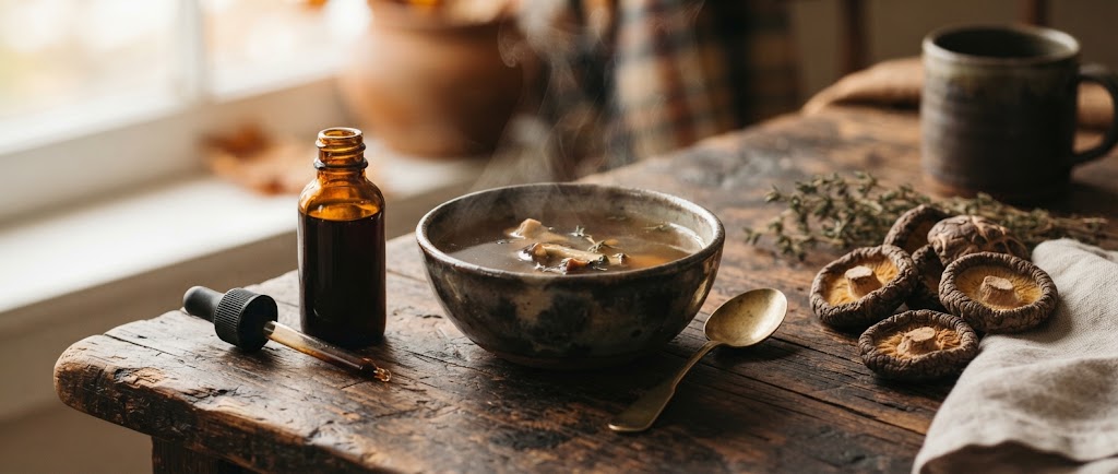 Extrait liquide de shiitake Mycolife, un bol de bouillon fumant et des shiitakes seches