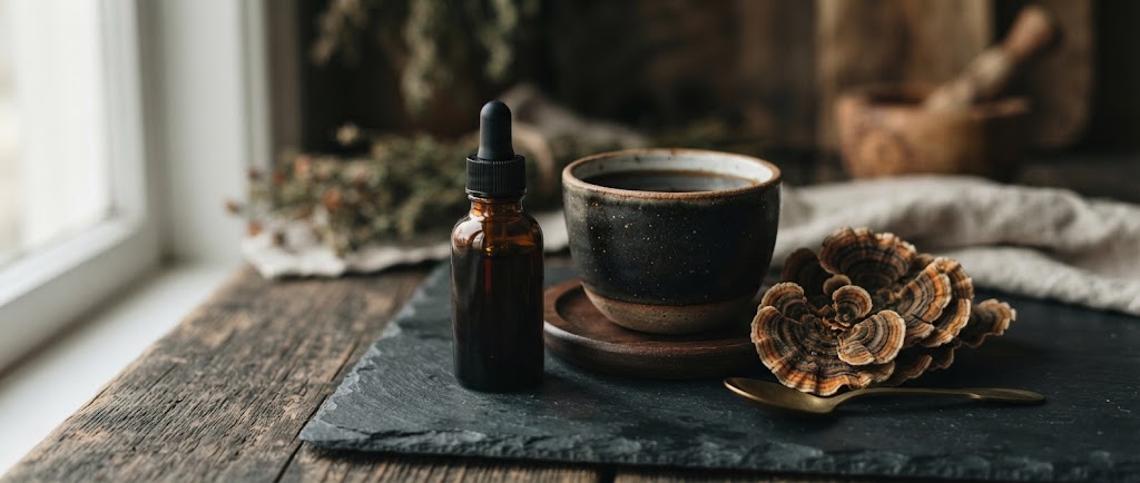 Extrait liquide de Trametes versicolor Mycolife, une tasse de decoction et des queues de dinde sechees