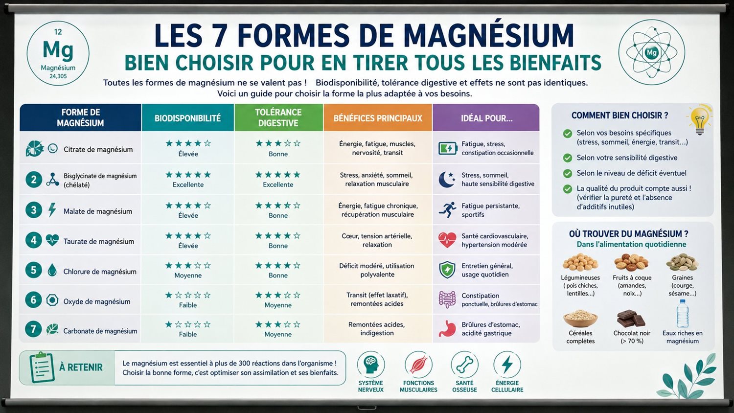 Tableau comparatif des 7 formes de magnésium : biodisponibilité, tolérance digestive, bénéfices et usage idéal