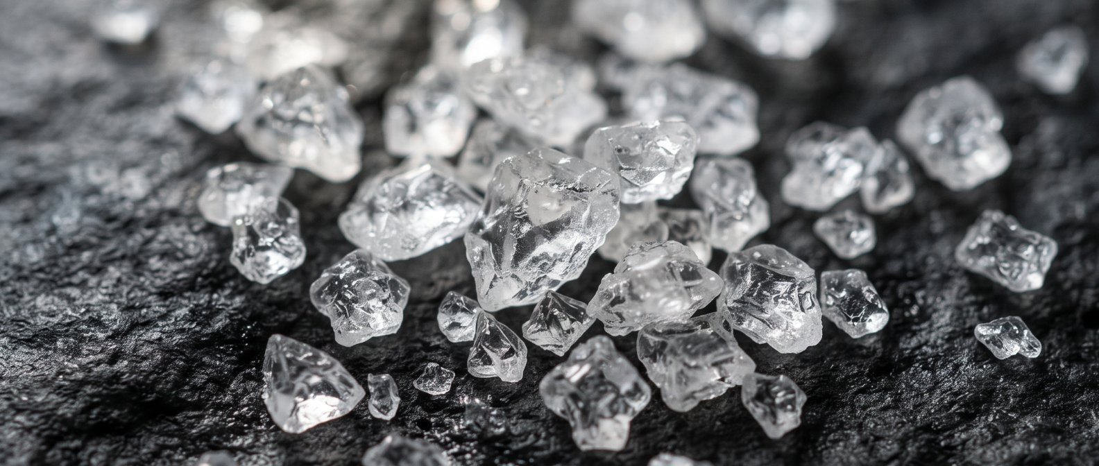 A clean elegant close-up of crystal clear sea salt particles on a dark stone surface illuminated by a focused directional light that captures the pristine texture and micro-purity of natural salt crystals, photorealistic, no text no labels