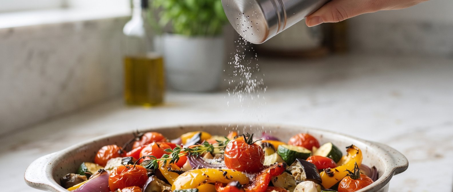 A close-up shot of a modern kitchen counter with a dish of colorful roasted Mediterranean vegetables being delicately sprinkled with fine salt grains from a sleek shaker natural daylight filtering through, photorealistic, no text no labels