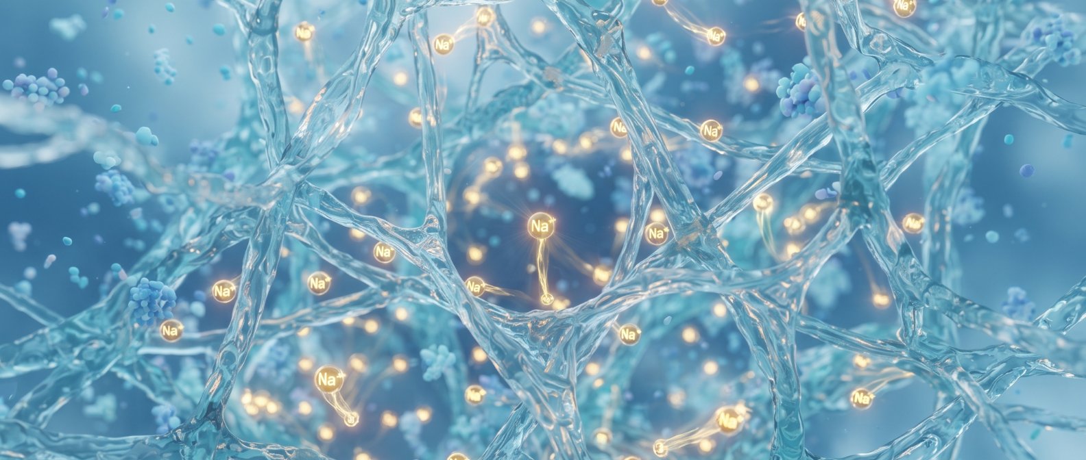 A clean modern scientific 3D illustration depicting natural fiber strands forming a protective gel matrix that traps microscopic glowing sodium ions in a digestive environment soft blue and golden hues clean aesthetic, photorealistic, no text no labels