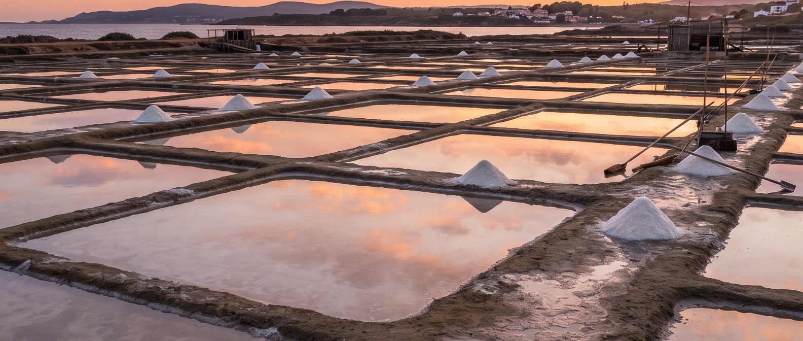 A picturesque landscape shot of traditional Atlantic salt pans at sunset showing shallow geometric water basins reflecting the golden pink sky with small mounds of harvested white sea salt along the clay paths, photorealistic, no text no labels
