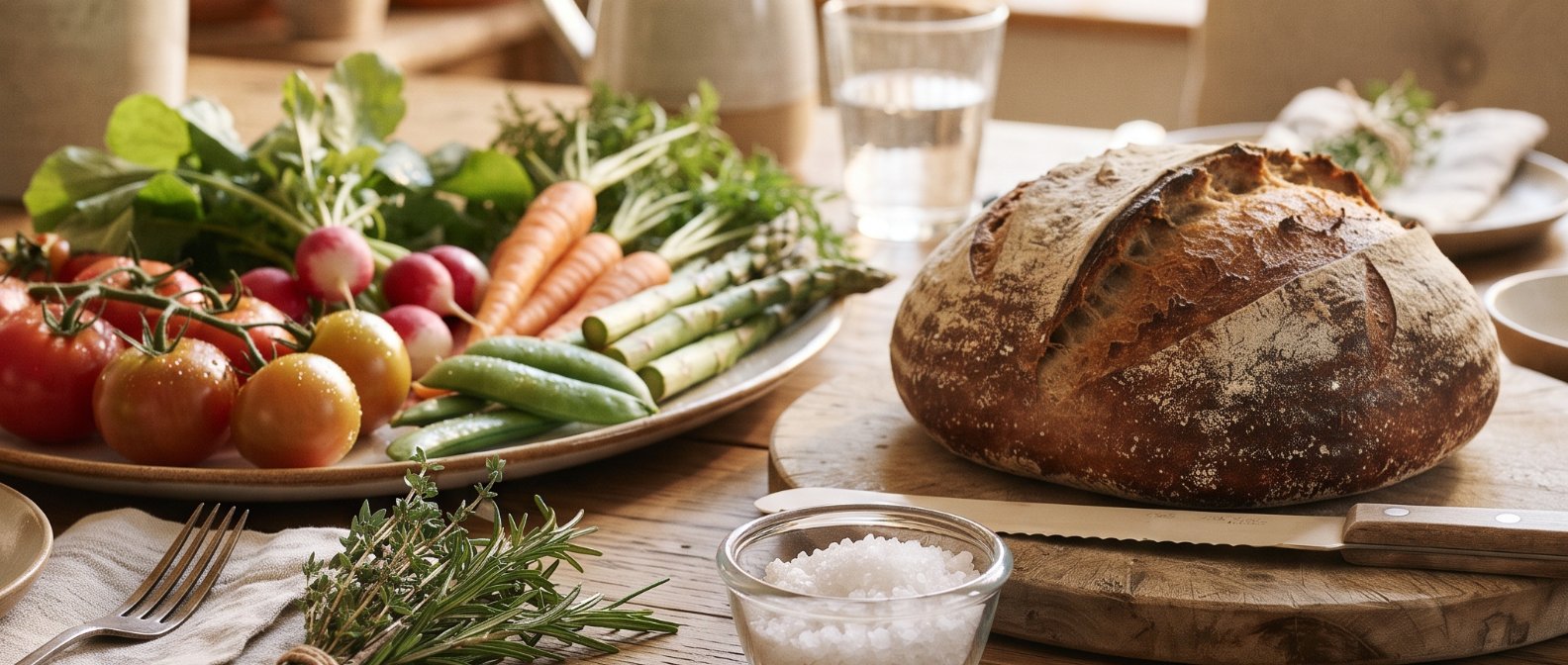 A beautifully styled gourmet dining table scene with fresh vegetables freshly baked sourdough bread and a small glass bowl of coarse natural sea salt crystals warm sunlight filtering through a dining room window, photorealistic, no text no labels