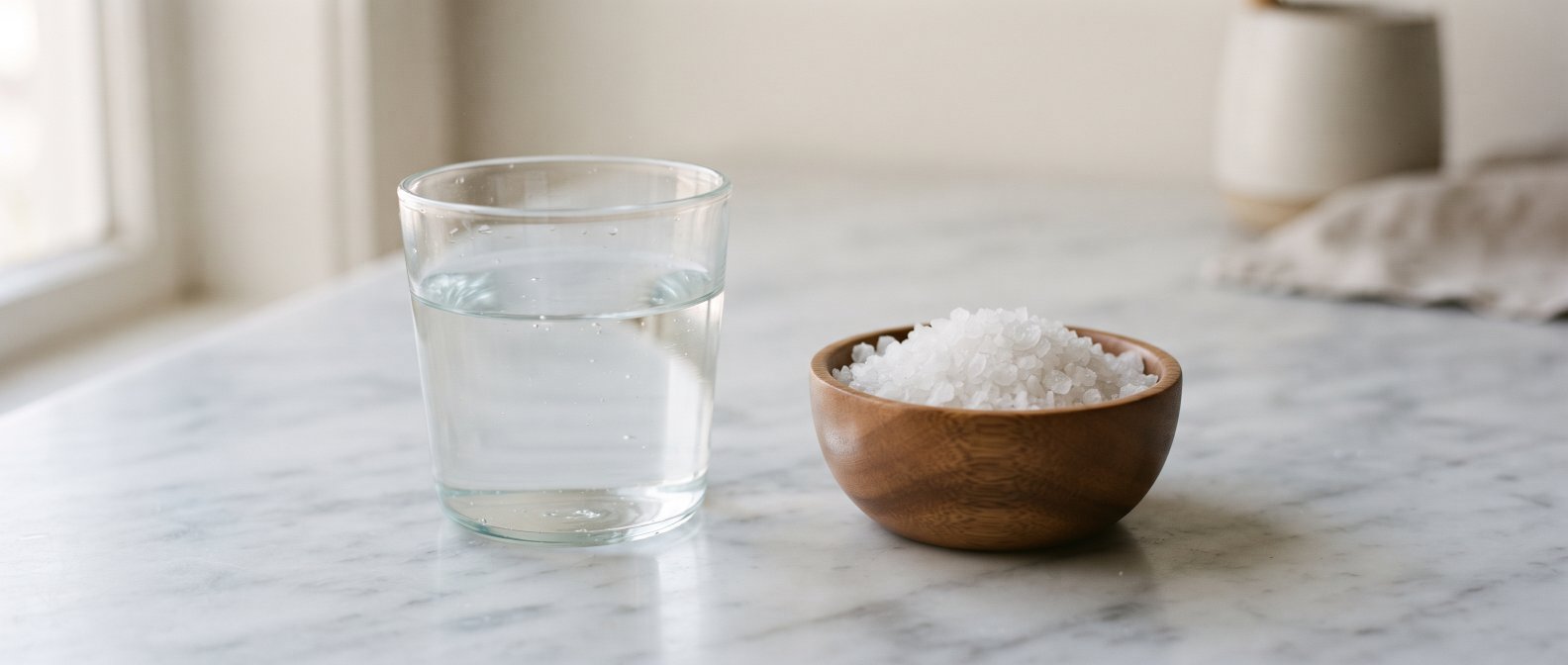 Verre d eau et bol de sel marin sur marbre