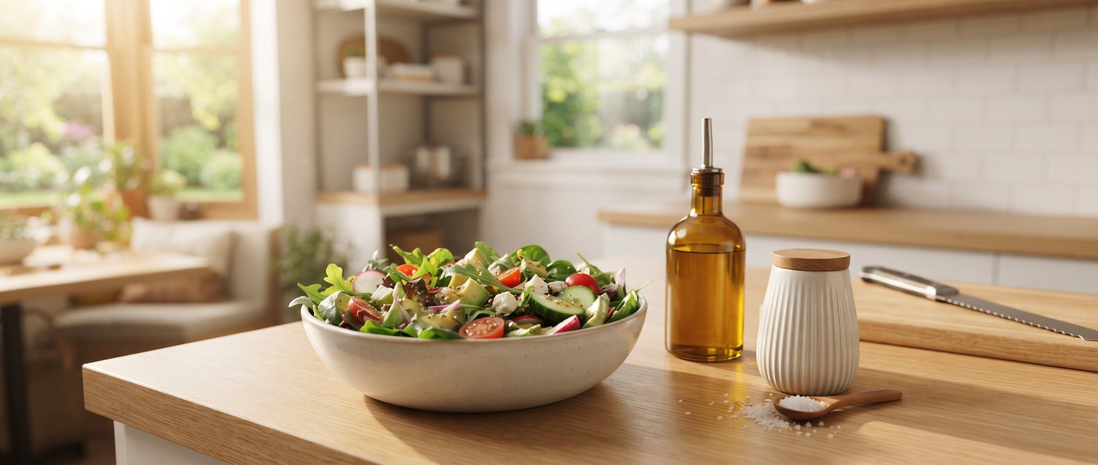 Salade verte fraiche sur un plan de travail lumineux
