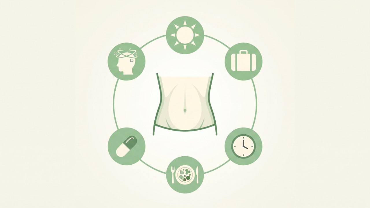 Planche illustrée des causes de la constipation : soleil, valise, horloge, assiette, symboles autour d'un ventre