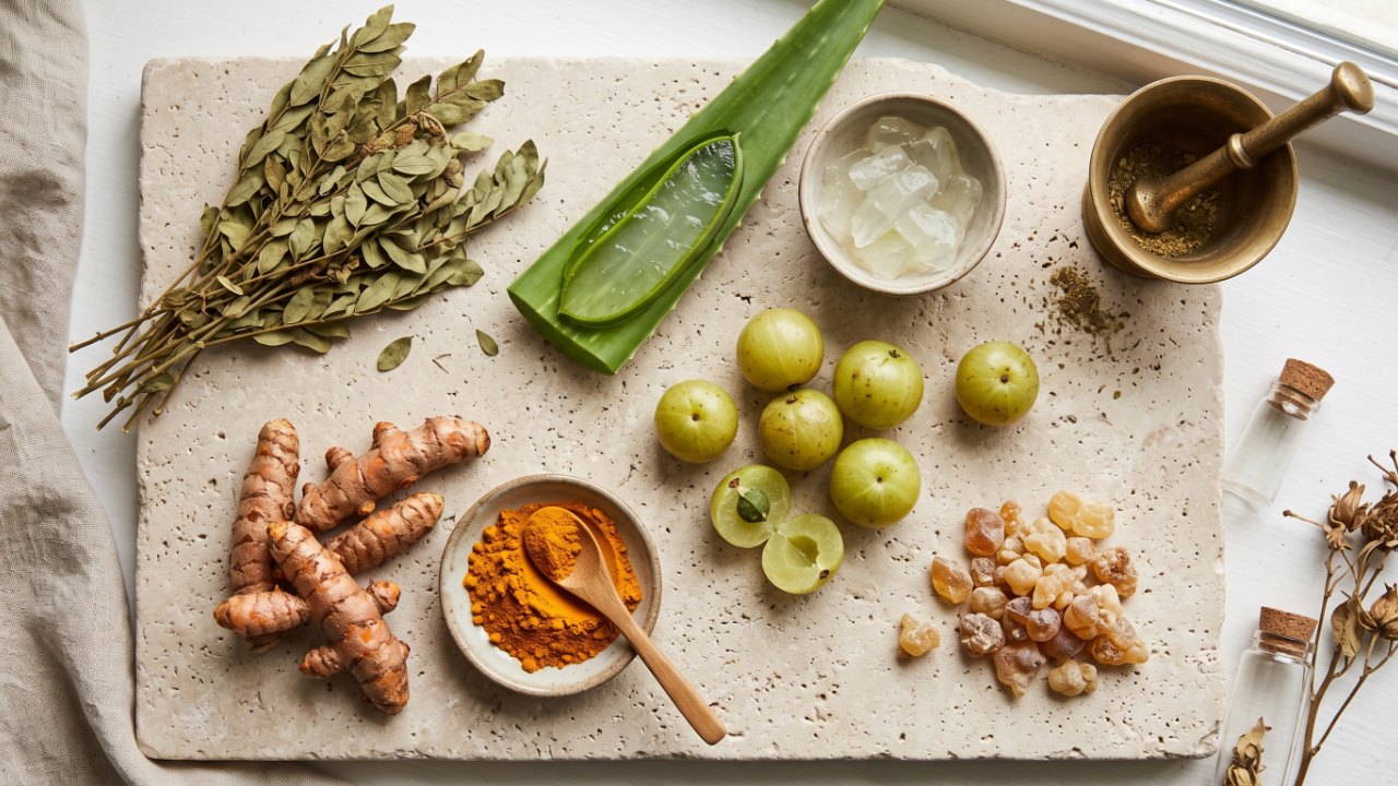 Planche botanique : séné, aloe vera, curcuma, amalaki et gomme adragante disposés élégamment