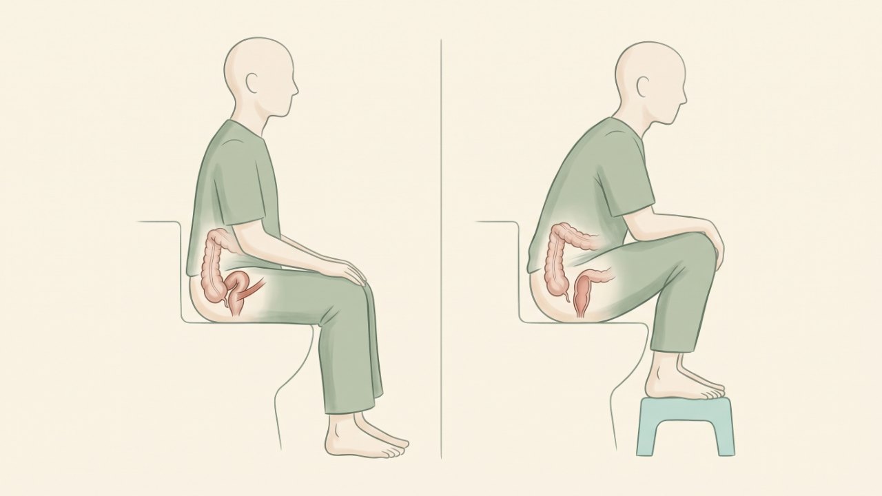 Schéma illustratif de la position accroupie avec petit tabouret sous les pieds et angle anorectal ouvert