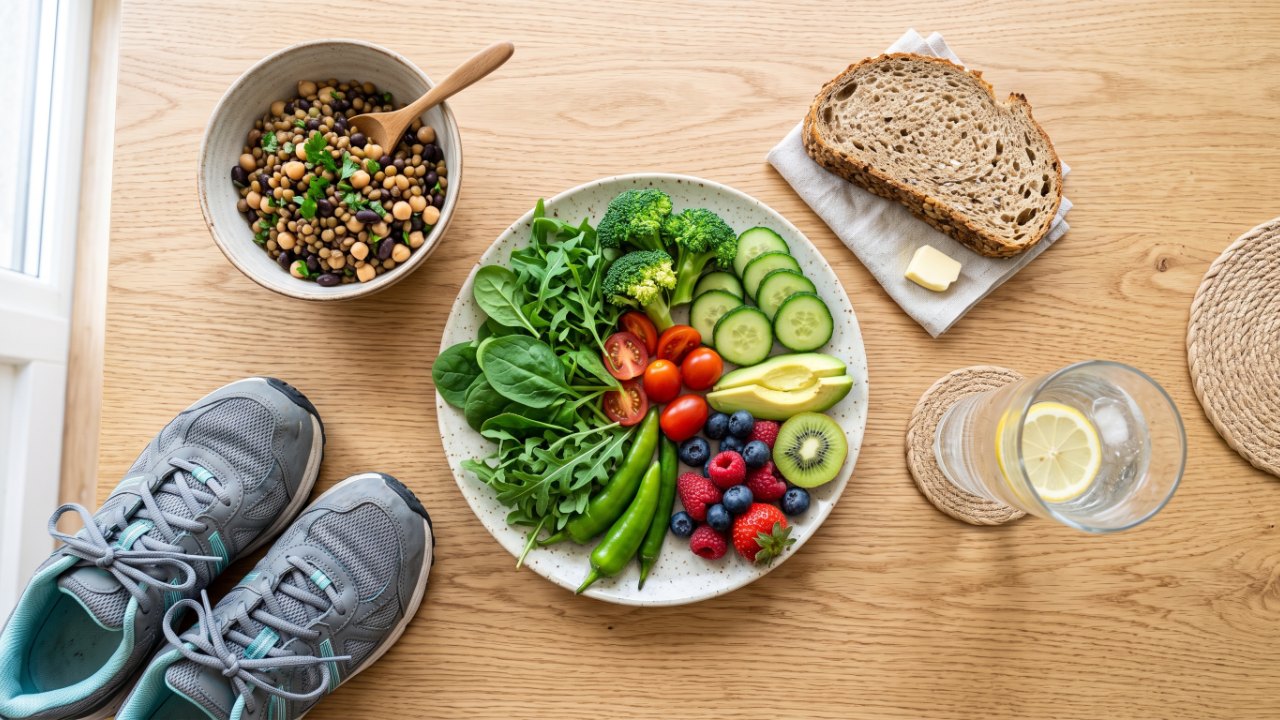 Assiette de légumes verts, fruits, céréales complètes, verre d'eau et chaussures de marche